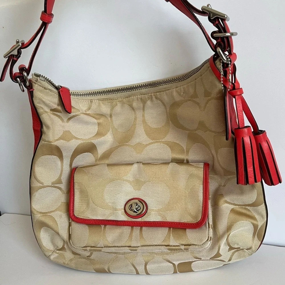 COACH Legacy Signature Courtney Hobo Bag Khaki Coral Large